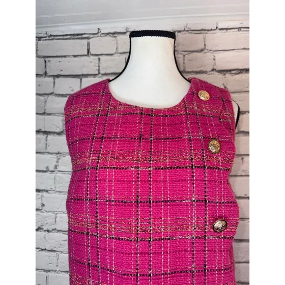 Entro Pink Plaid Tweed Scalloped Mini Dress 1990’s Y2K Gold Buttons size Large - Picture 5 of 10